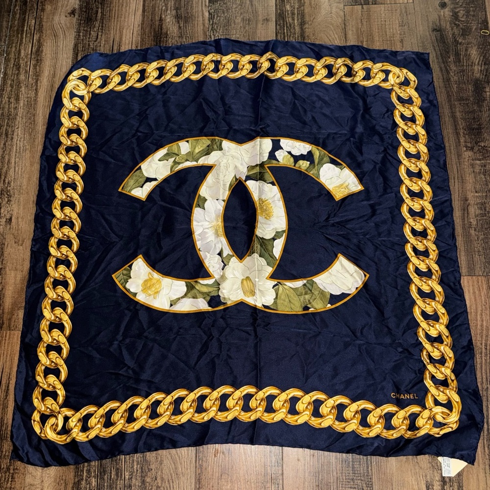 Vintage CHANEL Navy and Gold Scarf